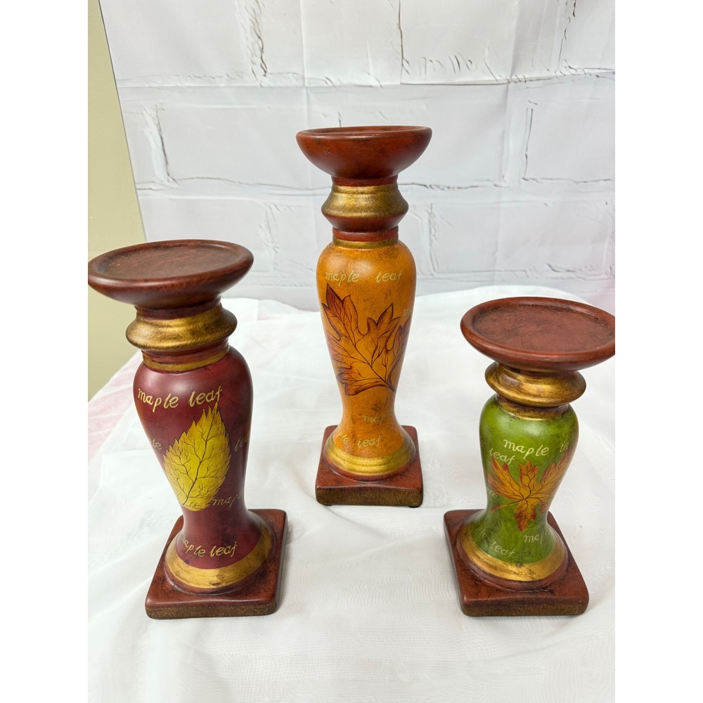Set of 3 Wooden Maple Leaf Pillar Candle Holders Fall Autumn Decor Multicolor